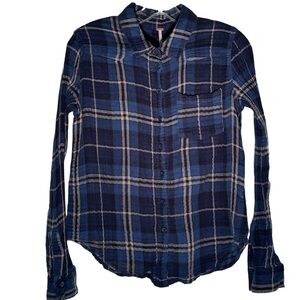 Free People Gauze Flannel Plaid Button Up Shirt, Blue and Beige, Sz S